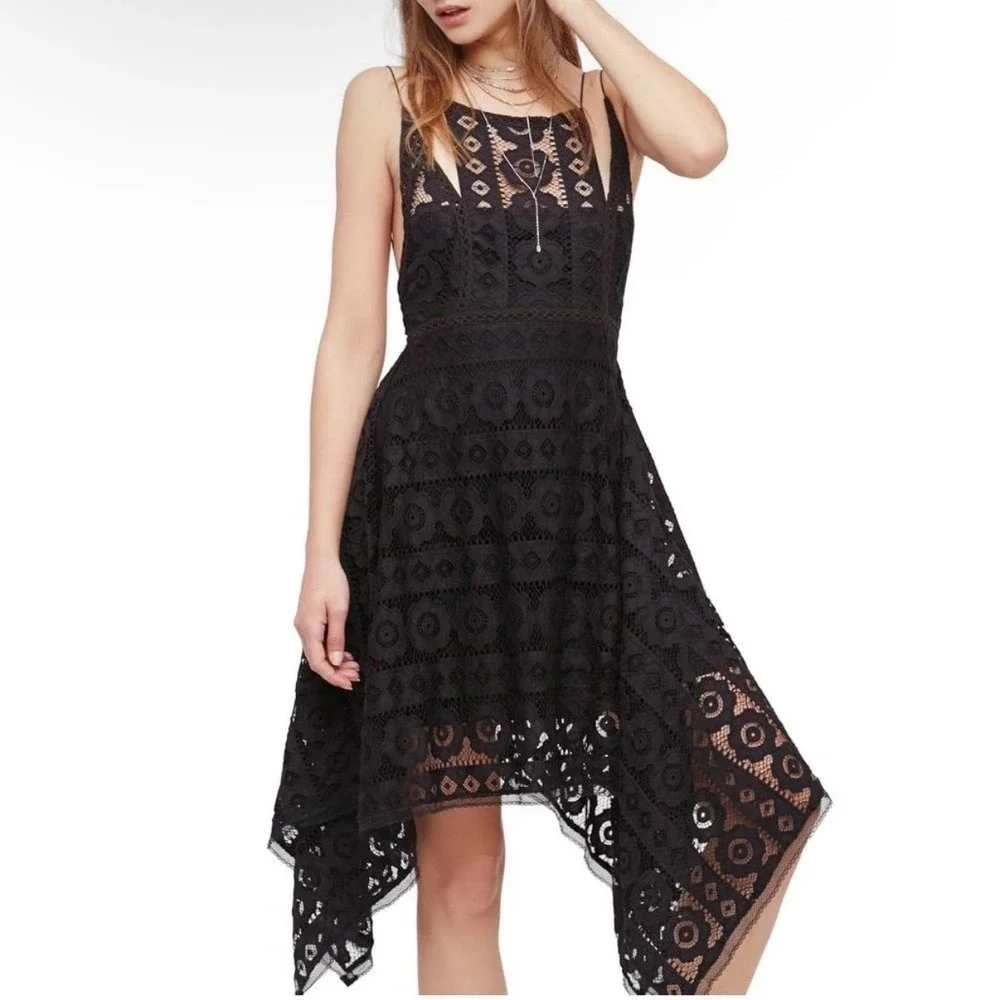 Free People Just Like Honey Black Lace Dress 2 Handkerchief Hem Open Back Midi